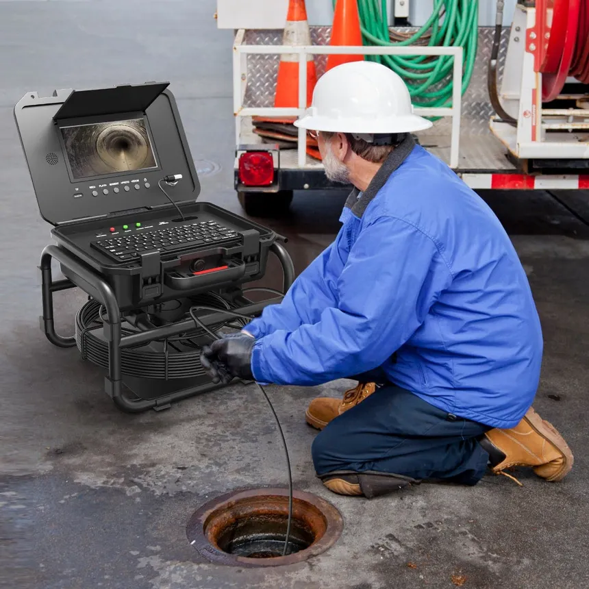 Drain camera inspection equipment being used to inspect a sewer line in Lansing Michigan